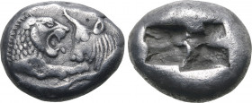 Kingdom of Lydia, Kroisos AR 1/3 Stater. Sardes, circa 561-546 BC. Confronted foreparts of lion to right and bull to left / Two irregular incuse squar...