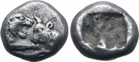 Kingdom of Lydia, Kroisos AR 1/12 Stater. Sardes, circa 561-546 BC. Confronted foreparts of lion to right and bull to left / Incuse square. GRPC Lydia...