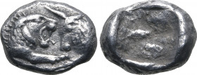 Kingdom of Lydia, Kroisos AR 1/24 Stater. Sardes, circa 561-546 BC. Confronted foreparts of lion to right and bull to left / Incuse punch. GRPC Lydia ...