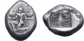 Karia, Kaunos AR Stater. Circa 470-450 BC. Iris running to left, head reverted, holding [kerykeion in right hand and wreath in left] / Triangular baet...
