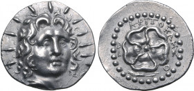 Rhodos, Rhodes AR Drachm. Circa 88/42 BC-AD 14. Kritokles, magistrate. Radiate head of Helios facing slightly to right / Rose seen from above; KPITOKΛ...