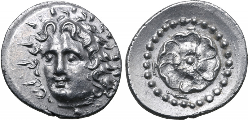 Rhodos, Rhodes AR Drachm. Circa 88/42 BC-AD 14. Unsigned. Radiate head of Helios...