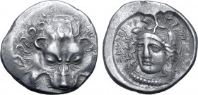 Dynasts of Lykia, uncertain AR Third Stater. Zagaba, temp. Wekhssere II, circa 400-390 BC. Facing lion's scalp / Helmeted head of Athena facing slight...