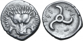 Dynasts of Lykia, Trbbenimi AR Third Stater. Uncertain mint, circa 390-370 BC. Facing lion’s scalp / Triskeles, TPBB&#66202;NEME around; all within sh...
