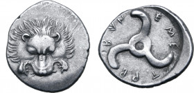 Dynasts of Lykia, Trbbenimi AR Third Stater. Wedrei, circa 390-375 BC. Facing lion’s scalp / Triskeles; TPBB&#66202;NEME around; all within shallow in...