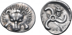 Dynasts of Lykia, Perikles AR Third Stater. Uncertain mint, circa 380-360 BC. Facing lion’s scalp / Triskeles, Π&#66177;PEKΛ&#66177; around; head of H...