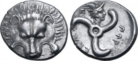 Dynasts of Lykia, Perikles AR Third Stater. Uncertain mint, circa 380-360 BC. Facing lion’s scalp / Triskeles, &#66195;&#66177;&#66197;&#66182;&#66187...