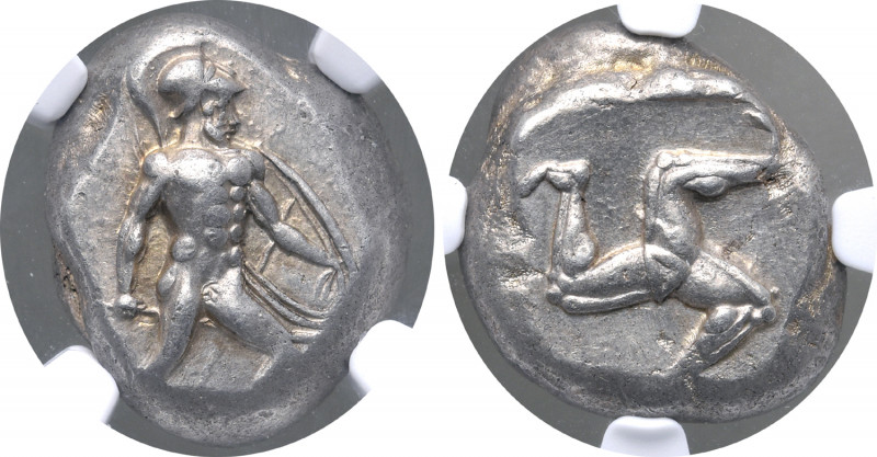 Pamphylia, Aspendos AR Stater. Circa 465-430 BC. Helmeted, nude hoplite advancin...