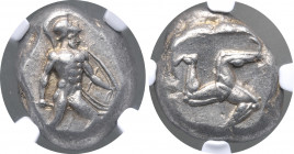 Pamphylia, Aspendos AR Stater. Circa 465-430 BC. Helmeted, nude hoplite advancing to right, holding shield and spear / Triskeles within incuse square....