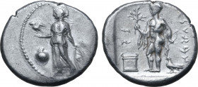 Pamphylia, Side AR Stater. Circa 430-400 BC. Athena standing to left, holding owl upon her outstretched right hand and left resting on shield; pomegra...