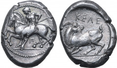 Cilicia, Kelenderis AR Stater. Circa 430-420 BC. Nude youth, holding whip, dismounting from horse rearing to left; Π below horse's belly / Goat kneeli...