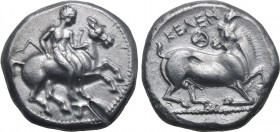 Cilicia, Kelenderis AR Stater. Circa 410-375 BC. Nude youth, holding whip, dismounting from horse rearing to right; T below / Goat kneeling to right, ...