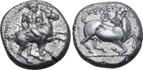 Cilicia, Kelenderis AR Stater. Circa 410-375 BC. Nude youth, holding whip, dismounting from horse rearing to right / Goat kneeling to right, head reve...