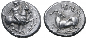 Cilicia, Kelenderis AR Stater. Circa 410-375 BC. Nude youth, holding whip, dismounting from horse rearing to right / Goat kneeling to left, head rever...
