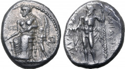 Cilicia, Nagidos AR Stater. Circa 400-385/4 BC. Aphrodite seated to left, holding patera in extended right hand; behind, Eros, nude, standing to left,...