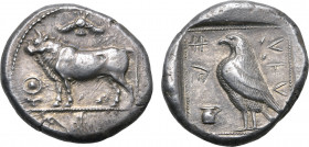 Cyprus, Paphos AR Stater. Stasandros, circa 425 BC or later. Bull standing to left; winged solar disk above, ankh to left, palmette ornament in exergu...