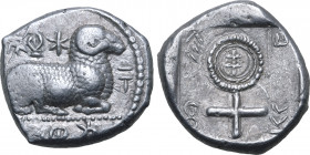 Cyprus, Salamis AR Stater. Uncertain king, circa 480-460 BC. Recumbent ram to right; Cypriot syllabic 'na' before, Cypriot syllabic 'a-pu-ke(?)' above...