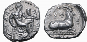 Cyprus, Salamis AR Stater. Evagoras I, circa 411-374 BC. Youthful Herakles seated to right on rock draped with lion skin, leaning on club held in righ...