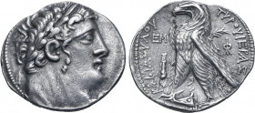 Phoenicia, Tyre AR Shekel. Dated CY 45 = 82/1 BC. Laureate bust of Melkart to right / ΤΥPΟΥ ΙΕΡΑΣ ΚΑΙ ΑΣΥΛΟΥ, eagle standing to left on prow, palm beh...