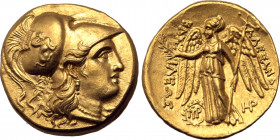 Seleukid Empire, Seleukos I Nikator AV Stater. In the name and types of Alexander III of Macedon. Babylon, circa 311-300 BC. Head of Athena to right, ...
