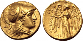 Seleukid Empire, Seleukos I Nikator AV Stater. In the name and types of Alexander III of Macedon. Babylon, circa 311-300 BC. Head of Athena to right, ...
