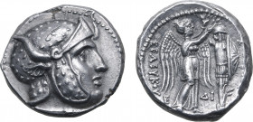 Seleukid Empire, Seleukos I Nikator AR Drachm. Susa, circa 305/4-295 BC. Head to right, wearing helmet covered with panther skin and adorned with bull...
