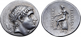 Seleukid Empire, Antiochos I Soter AR Tetradrachm. Smyrna, circa 281-261 BC. Diademed head to right / Apollo Delphios seated to left on omphalos, test...