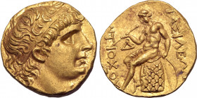 Seleukid Empire, Antiochos I Soter AV Stater. Aï Khanoum, circa 266-261 BC. Diademed head to right, with rejuvenated and idealised features / Apollo D...
