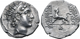 Seleukid Empire, Antiochos VI Dionysos AR Hemidrachm. Apameia on the Axios, 144-143 BC. Diademed and radiate head to right / Panther standing to left ...