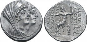 Seleukid Empire, Kleopatra Thea and Antiochos VIII AR Tetradrachm. Ake-Ptolemais, 125-120 BC. Jugate busts of Kleopatra, wearing diadem, veil, and ste...
