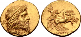 Parthia, Andragoras AV Stater. Circa 246/5-239/8 BC. Diademed and draped bust of Zeus to right; monogram of Andragoras behind / Fast quadriga driven b...