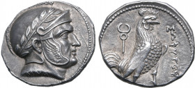 Baktria, Sophytes AR Didrachm. Uncertain mint in the Oxus region, circa 246/5-235 BC. Attic standard. Head of Seleukos(?) to right, wearing laurel wre...