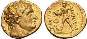 Greco-Baktrian Kingdom, Diodotos I Soter AV Stater. In the name of Antiochos II of Syria. Mint A (near Aï Khanoum), circa 255-235 BC. Diademed head to...