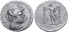 Greco-Baktrian Kingdom, Demetrios I Aniketos AR Tetradrachm. Circa 200-185 BC. Diademed and draped bust to right, wearing elephant skin headdress / He...