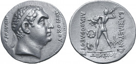 Greco-Baktrian Kingdom, Agathokles Dikaios AR Tetradrachm. Commemorative issue struck for Diodotos I in the name of Antiochos II. Circa 185-170 BC. Di...