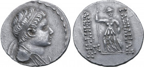 Greco-Baktrian Kingdom, Demetrios II AR Tetradrachm. Circa 150-145 BC. Diademed and draped bust to right; all within bead-and-reel border / Athena sta...