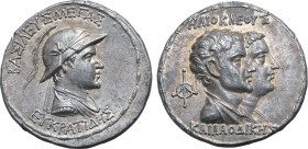 Greco-Baktrian Kingdom, Eukratides I Megas AR Tetradrachm. Circa 170-145 BC. Dynastic pedigree issue. Draped and cuirassed bust to right, wearing cres...