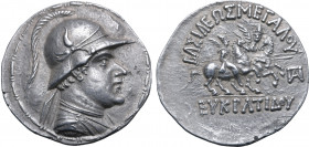 Greco-Baktrian Kingdom, Eukratides I Megas AR Tetradrachm. Circa 170-145 BC. Diademed and draped bust to right, wearing crested helmet adorned with bu...