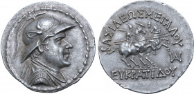 Greco-Baktrian Kingdom, Eukratides I Megas AR Tetradrachm. Circa 170-145 BC. Diademed and draped bust to right, wearing crested helmet adorned with bu...