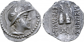 Greco-Baktrian Kingdom, Eukratides I Megas AR Obol. Circa 170-145 BC. Draped and cuirassed bust to right, wearing crested helmet adorned with bull's h...