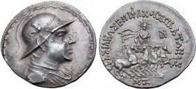 Greco-Baktrian Kingdom, Plato AR Tetradrachm. Circa 145-140 BC. Diademed and draped bust to right, wearing crested helmet adorned with bull's horn and...