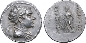Greco-Baktrian Kingdom, Eukratides II Soter AR Tetradrachm. Circa 145-140 BC. Diademed and draped bust to right; all within bead-and-reel border / Apo...