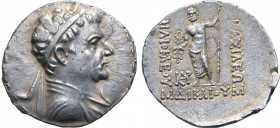 Greco-Baktrian Kingdom, Heliokles Dikaios AR Tetradrachm. Circa 145-130 BC. Diademed and draped bust to right; all within bead-and-reel border / Zeus ...