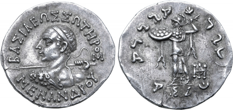 Indo-Greek Kingdom, Menander I Soter AR Tetradrachm. Circa 165/55-130 BC. BAΣIΛE...
