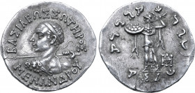 Indo-Greek Kingdom, Menander I Soter AR Tetradrachm. Circa 165/55-130 BC. BAΣIΛEΩΣ ΣΩTHPOΣ MENANΔPOY, diademed heroic bust to left, seen from behind, ...