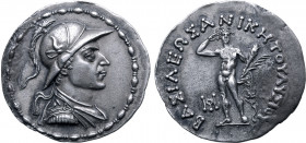 Indo-Greek Kingdom, Lysias Aniketos AR Tetradrachm. Uncertain mint, circa 130-125 BC. Diademed and draped bust to right, wearing crested helmet adorne...