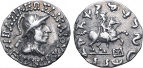 Indo-Greek Kingdom, Menander II Dikaios AR Drachm. Circa 90-80 BC. BAΣIΛEΩΣ ΔIKAIOY MENANΔPOY, diademed, draped and cuirassed bust to right, wearing c...