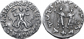 Indo-Greek Kingdom, Telephos Euergetes AR Drachm. Circa 80-70 BC. BAΣIΛEΩΣ EYEPΓETOΥ THΛEΦOY, male anguipede (creature with human body and serpent lim...
