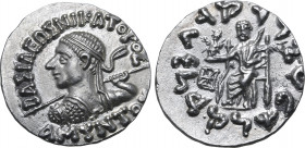 Indo-Greek Kingdom, Amyntas Nikator AR Drachm. Circa 80-65 BC. BAΣIΛEΩΣ NIKATOPOΣ AMYNTOY, diademed heroic bust to left, seen from behind, wearing aeg...