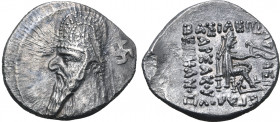 Kings of Parthia, Mithradates II AR Drachm. Rhagai, circa 96/5-93/2 BC. Diademed and draped bust to left, wearing tiara with ear flap, long beard, and...